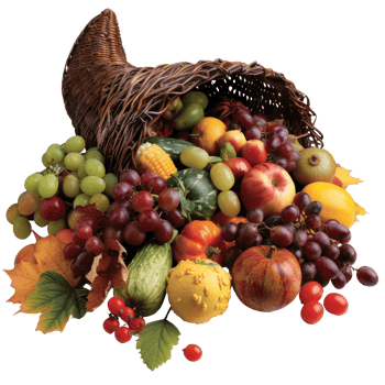 Abundant Harvest of Colorful Fruits and Vegetables Displayed in a Cornucopia for Autumn and Thanksgiving Celebrations png