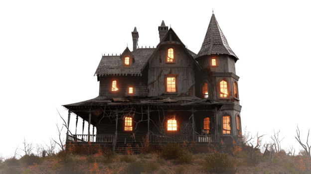 Spooky haunted mansion with glowing windows and overgrown vegetation in an eerie landscape at twilight png