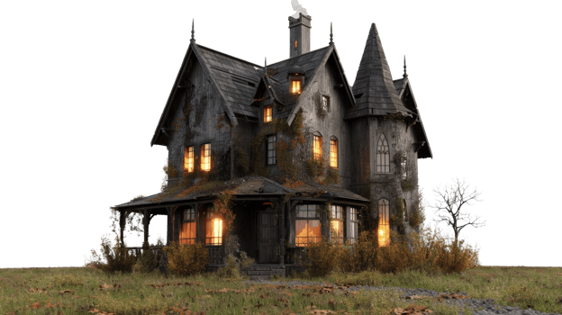Abandoned Victorian House Surrounded by Overgrown Grass and Illuminated Windows at Dusk png