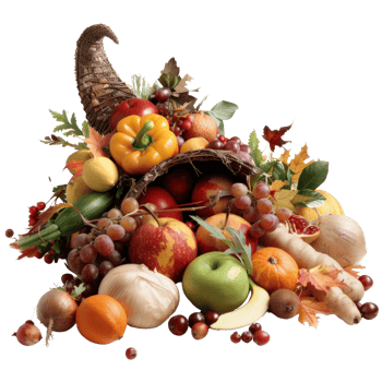 Abundant Cornucopia of Fresh Fruits and Vegetables with Autumn Leaves Perfect for Harvest Celebration png
