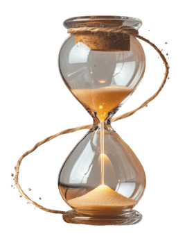 Glass hourglass with golden sand flowing between two chambers, symbolizing the passage of time png