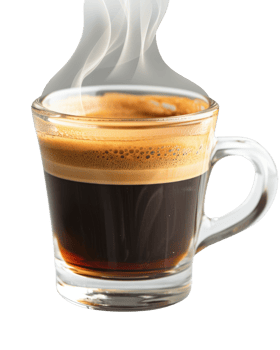 Hot and Fresh Espresso Coffee in Glass Cup with Steam Rising for Perfect Morning Beverage Experience png