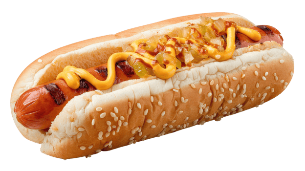 Grilled sausage hot dog with mustard and relish in a sesame seed bun on a white background png