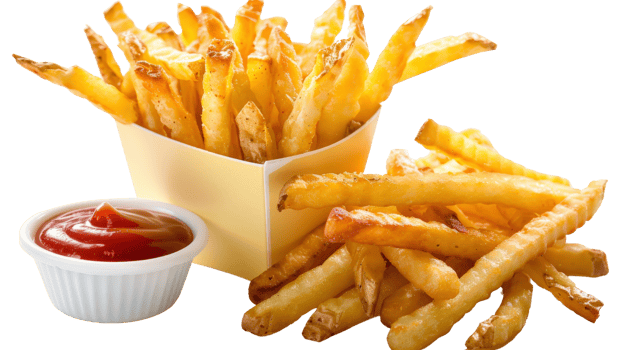 Crispy Golden French Fries with Ketchup Sauce in Takeout Box and Bowl on White Background png