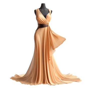 Elegant Long Champagne Gold Evening Gown with Draped Detail and Brown Belt png