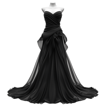 Elegant Black Strapless Gown Floor Length ALine Dress with Draped Bodice and Flowing Skirt png