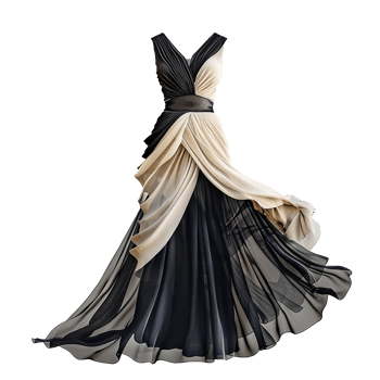 Elegant Black and Beige Draped Evening Gown for Special Occasions png