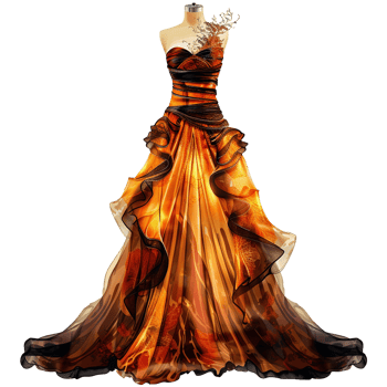Stunning Autumnal Gown Design Elegant Long Dress with Black and Orange Hues png