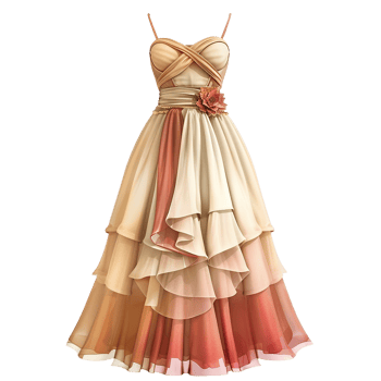 Elegant Beige and Coral Ombre Tiered Dress with Crisscross Straps and Flower Accent png