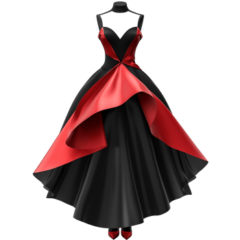 Elegant Black and Red Satin Ball Gown with Red Accents and Matching Heels png