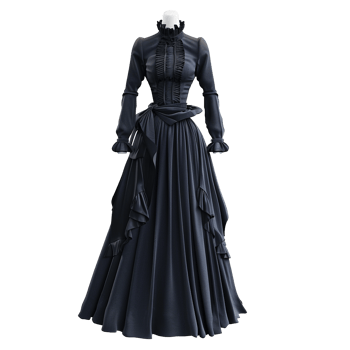 Elegant Black VictorianStyle Gown with Ruffles and Long Sleeves png