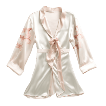 Elegant Beige Silk Robe with Delicate Floral Print and SelfTie Belt png
