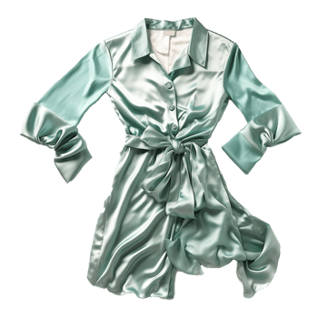 Elegant Seafoam Green Silk Satin Shirt Dress with Long Sleeves and Bow Tie png