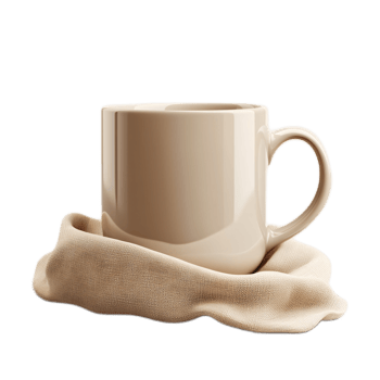Elegant Beige Coffee Mug Resting on Soft Fabric Showing Texture and Warmth in Minimalist Setting png
