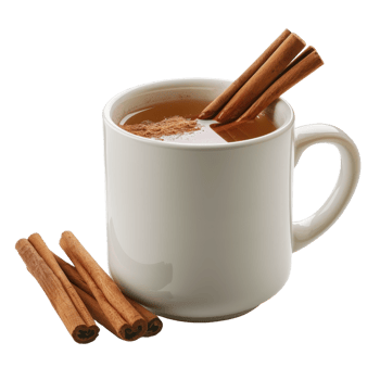 Warm Cinnamon Tea in White Mug with Cinnamon Sticks Garnish and Cinnamon Powder on the Surface png