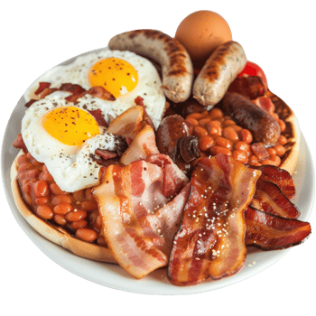 Hearty Traditional Breakfast Plate with Eggs, Sausages, Bacon, Baked Beans, and Toasted Bread on a White Plate png