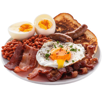 Delicious Full Breakfast Plate with Bacon, Eggs, Sausages, Toast, Beans, and Garnish Served on a White Plate png