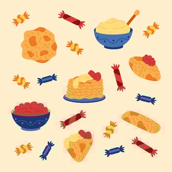 Pancakes and candies. Hand drawn illustration for you projects. vector