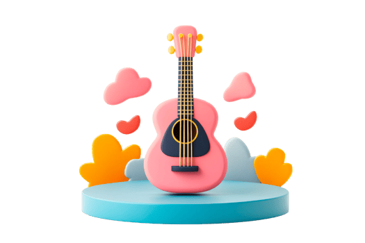 3D Rendered Guitar Model with Abstract Shapes on Stand, cut out transparent png
