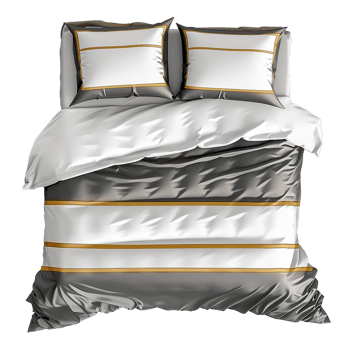 Elegant Grey and White Striped Bedding Set with Gold Accents png