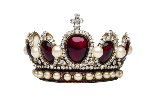 Detailed crown ornate with gems and pearls, elegant headdress, cut out transparent png