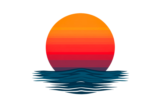 Retro sunrise landscape with ocean and sun in orange, cut out transparent png