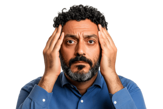 Stressed man holds head, headache symptoms, pain, health problem, cut out transparent png