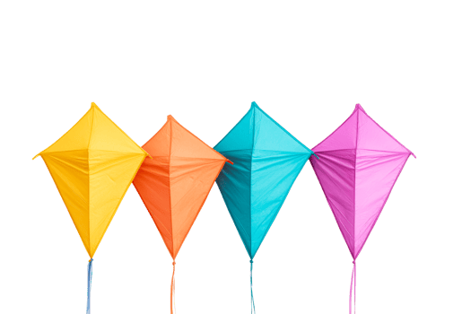 Four colorful kites in yellow, orange, blue, pink, cut out transparent png