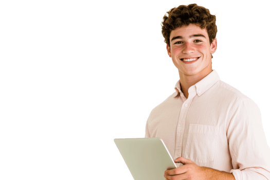 Smiling teenager holding tablet, presentation, cut out transparent png