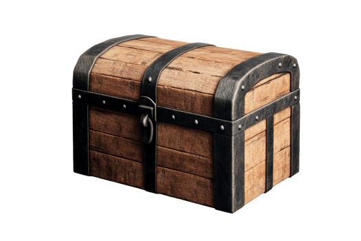 Old wooden chest with metal trim, vintage look, 3D render, cut out transparent png