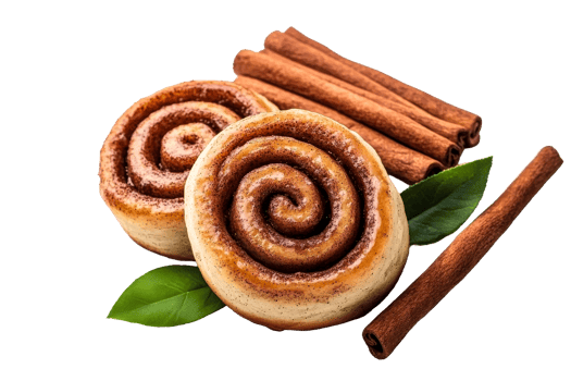 Cinnamon rolls with cinnamon sticks, green leaves, isolated, cut out transparent png
