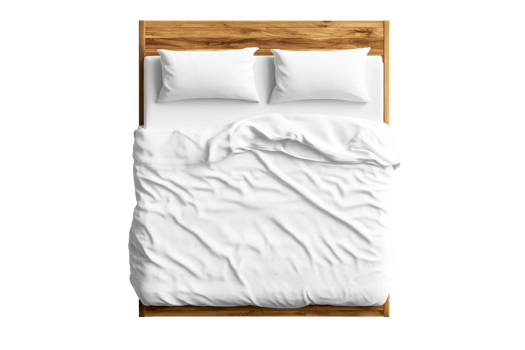 Bed with pillows and blanket, top view, isolated, cut out transparent png