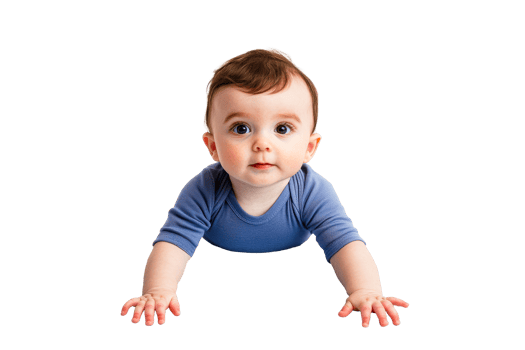 Cute baby in blue bodysuit lying on stomach, looking at camera, cut out transparent png