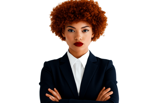 Confident woman with red afro hairstyle in business suit, cut out transparent png