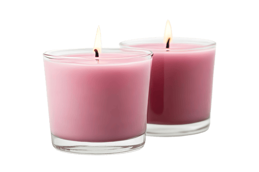 Pair of pink candles burning in glass containers, cut out transparent png