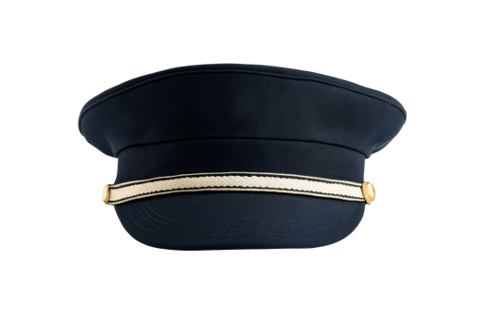 Stylish dark blue military hat with gold elements, cut out transparent png