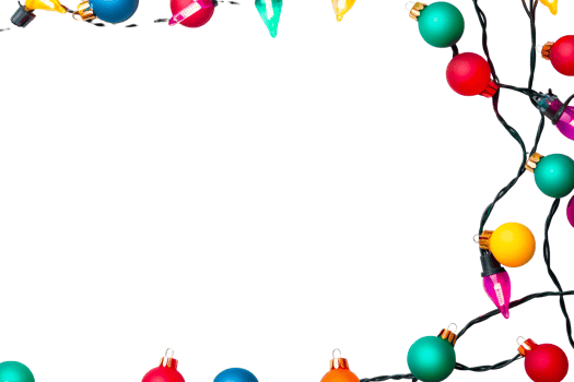 Christmas lights bulbs frame isolated on black background, cut out transparent png