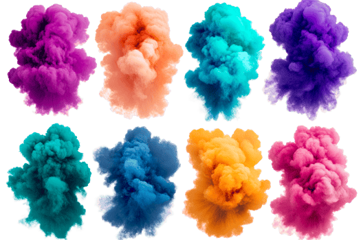 Colorful smoke explosions against black background, cut out transparent png
