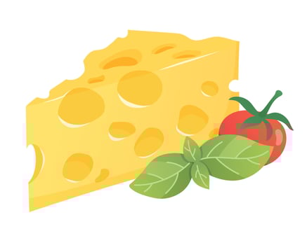 Maasdam cheese with basil and tomato. Organic farm food. Design element, cartoon flat illustration for logo, poster, menu. Isolated on white background. vector