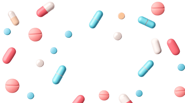 Scattered assortment of pills, tablets, capsules, and medicines, cut out transparent png