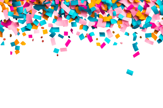 Festive confetti background with vibrant colorful paper scraps, cut out transparent png