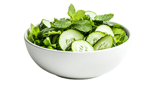 Cucumber mint salad in white bowl, isolated, transparency, cut out transparent png