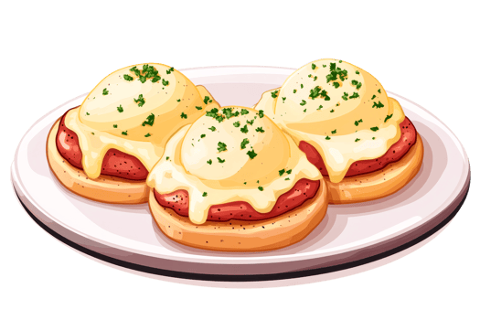 Eggs Benedict illustration, savory breakfast food, white plate, cut out transparent png