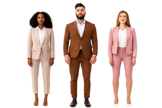 Three diverse professionals in elegant suits, standing tall, cut out transparent png