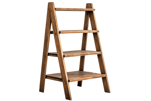 Wooden ladder shelving unit, rustic design, empty shelves, cutout transparent png