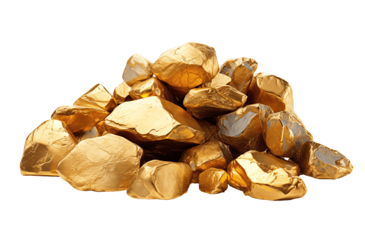 a pile of gold rocks or nuggets isolated on clear white background png