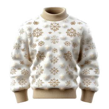 Cozy winter sweater soft beige fabric delicate golden snowflake pattern png