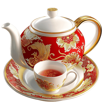 Beautiful red teapot matching cup decorated golden floral details png