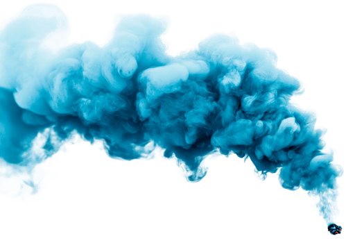 Blue plume of dense smoke on black background, cut out transparent png