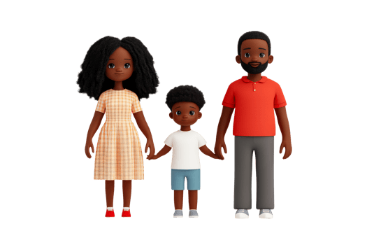 Cartoon family portrait holding hands, cut out transparent png
